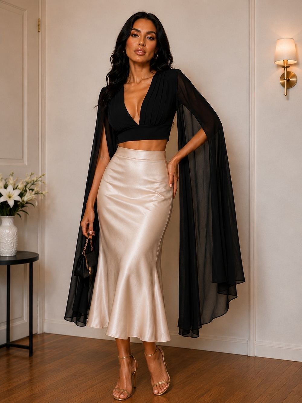 Elegant Cape Sleeve Cropped Deep Vee Blouse NWOT